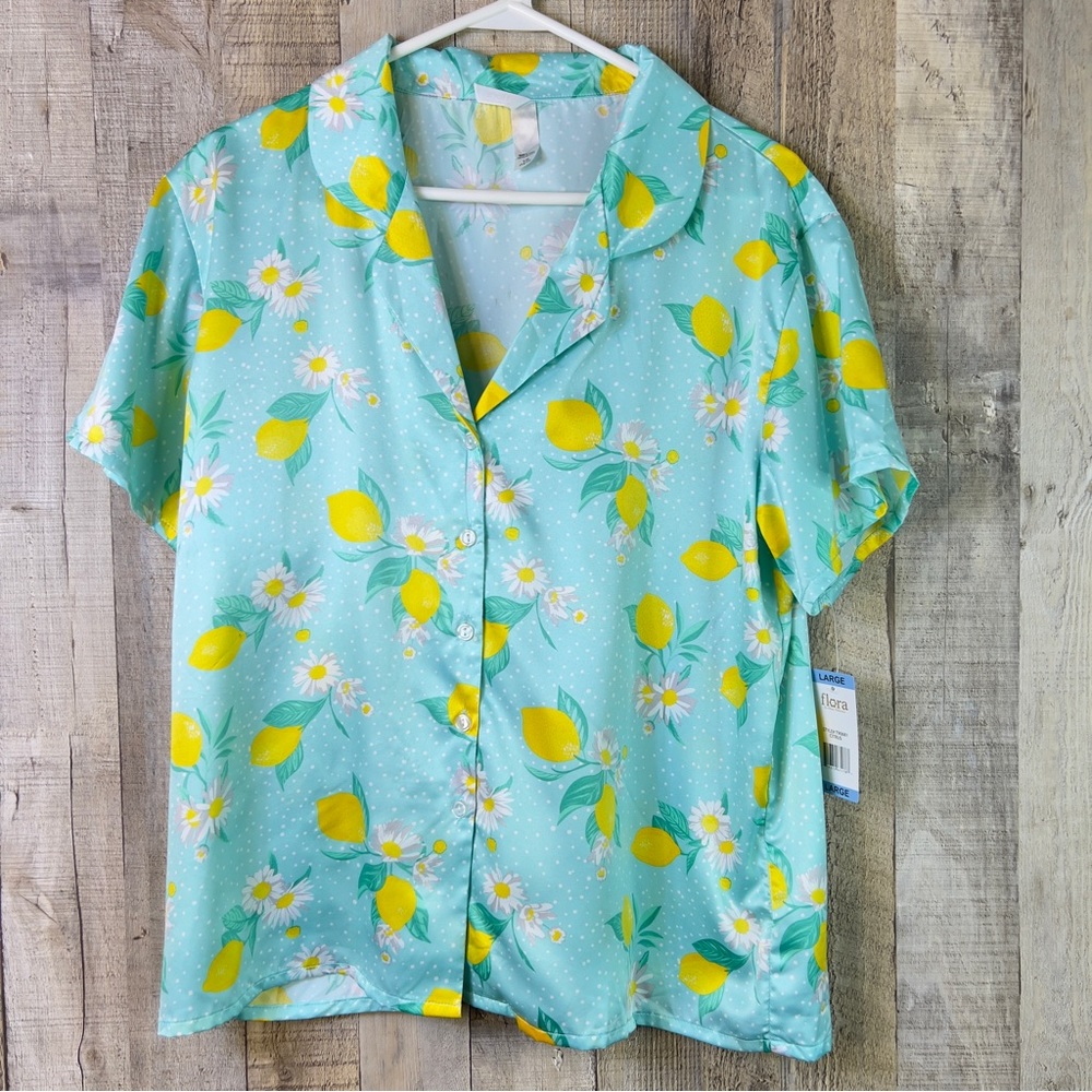 Floral size Large(14/16) Button Front Lemon & Floral Sleep Top short sleeve